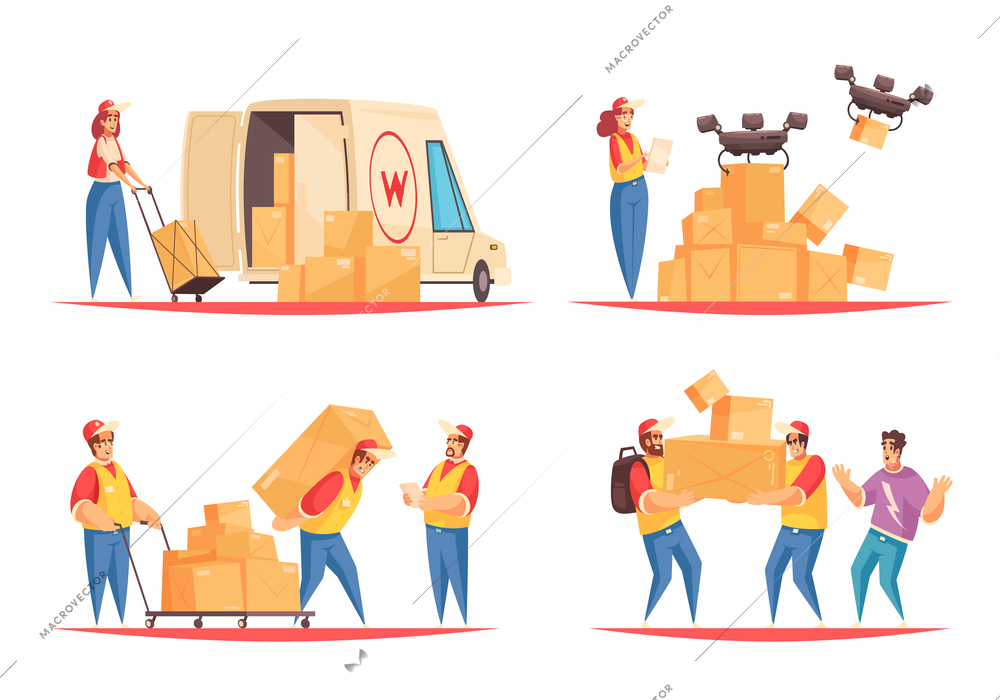 Set of four delivery compositions with characters of shipping employees in uniform logistics vans with drones vector illustration