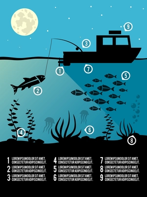 Infographic template of night  fishing black colors icons for poster or flyer vector illustration