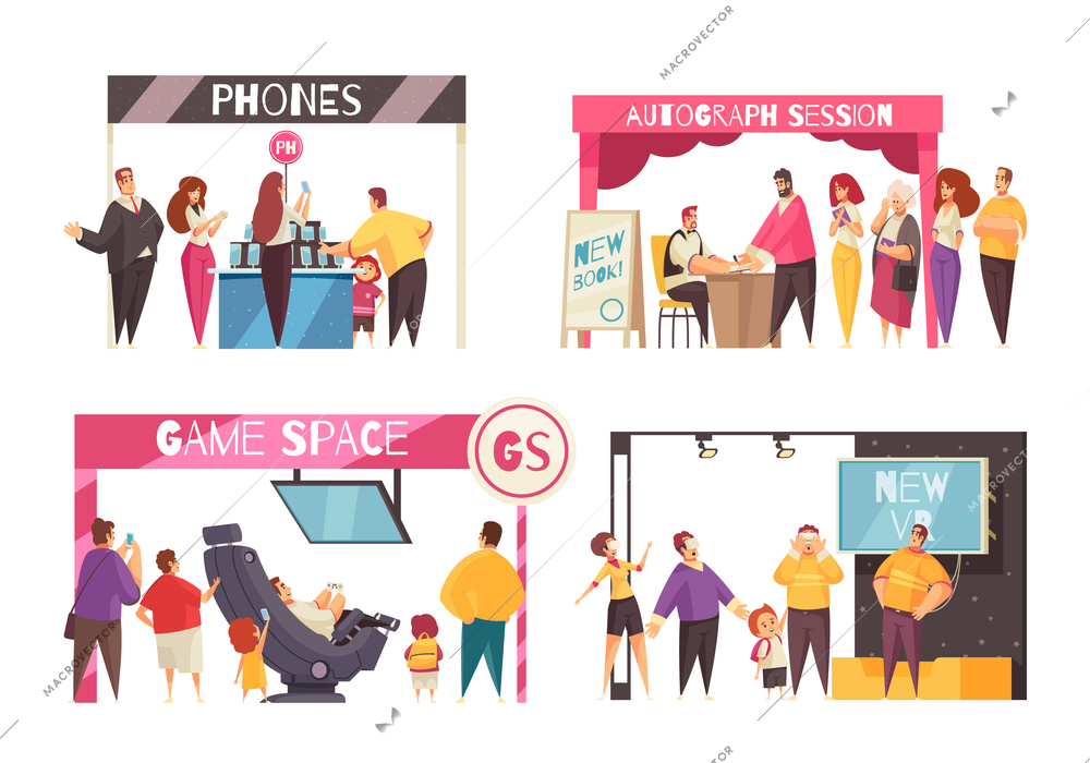 Expo stand concept icons set with technology symbols flat isolated vector illustration