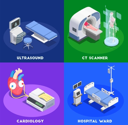 Medical equipment isometric design concept with editable text and conceptual images of medical appliances surgical facilities vector illustration