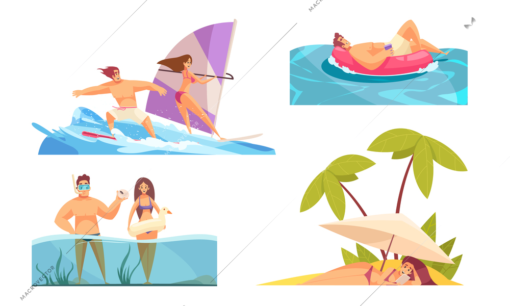 Set of four isolated beach compositions with flat people characters palm trees and sea ocean water vector illustration