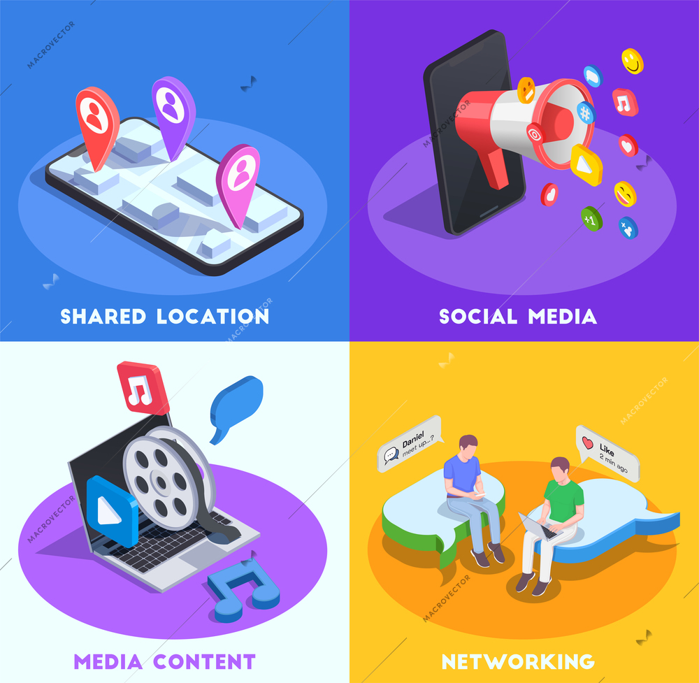 Social network isometric design concept with four compositions of conceptual images and pictogram icons with text vector illustration