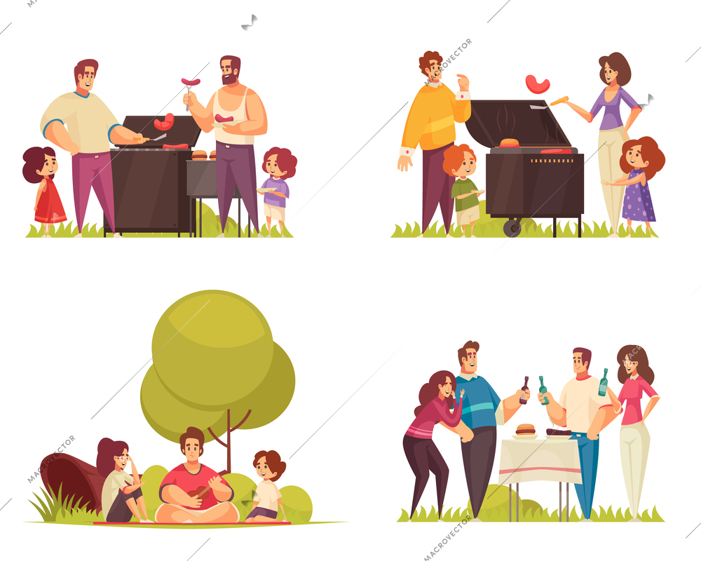 Set of four isolated bbq compositions with flat characters of kids groups families adults and friends vector illustration