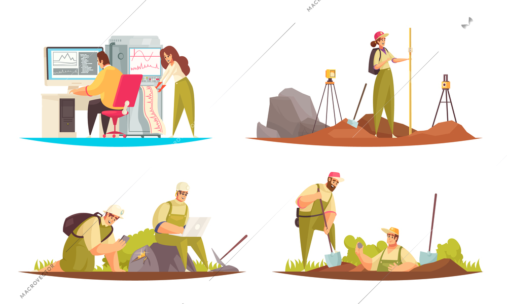 Set of four flat isolated geologist compositions with doodle style human characters and technical equipment items vector illustration