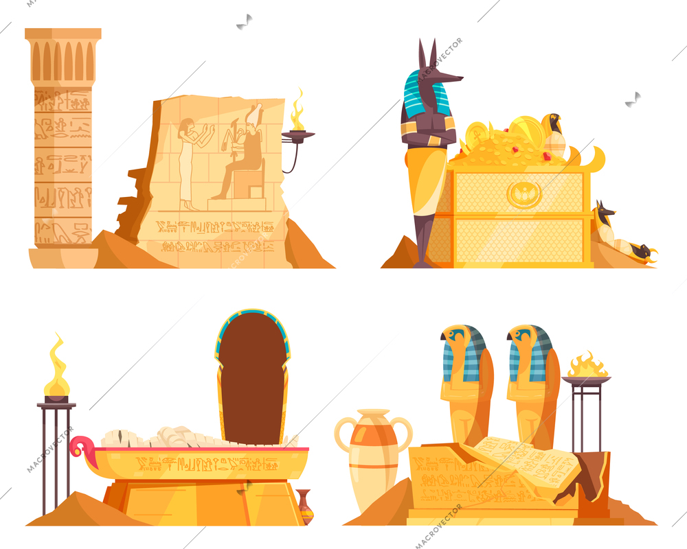 Egyptian burial chambers goods coffin tomb afterlife god offerings wall etching ritual fire 4 compositions vector illustration