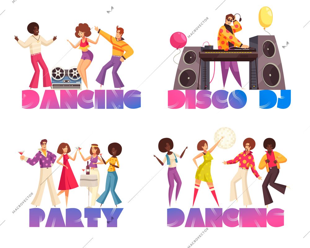 Disco party concept icons set with dancing symbols flat isolated vector illustration