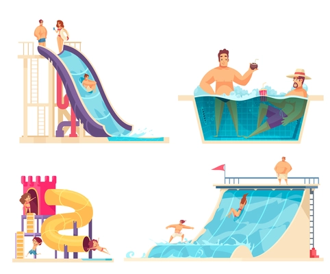 Aqua park weekend holiday concept 4 comics compositions with family friends enjoying  water attractions isolated vector illustration