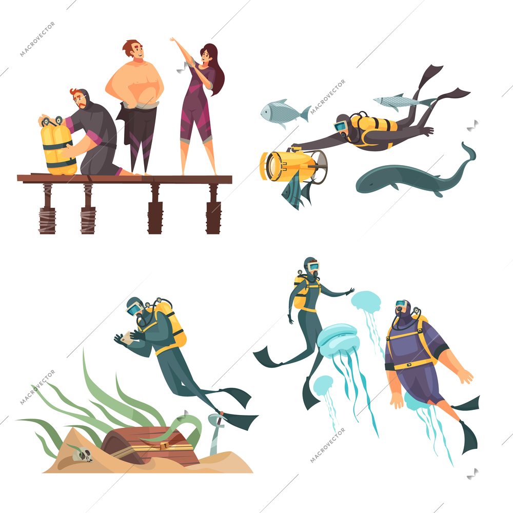 Scuba diving adventure 4 flat compositions with putting on gear wetsuit swimming with dolphins jellyfish vector illustration
