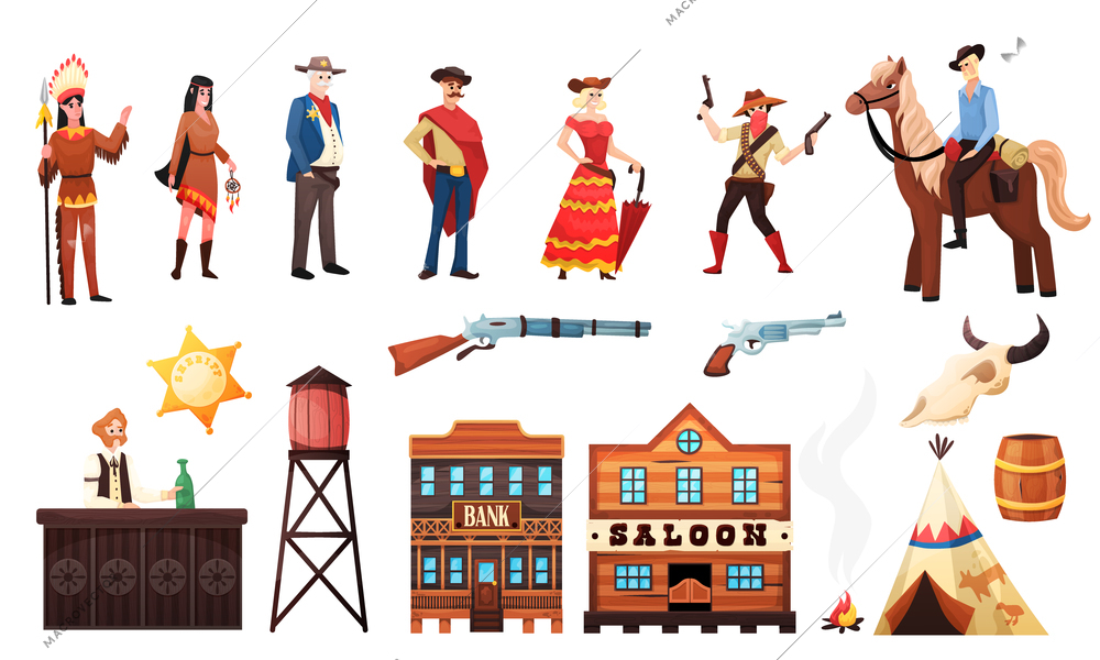 Wild west cowboy set with isolated icons and images of vintage buildings firearms and human characters vector illustration