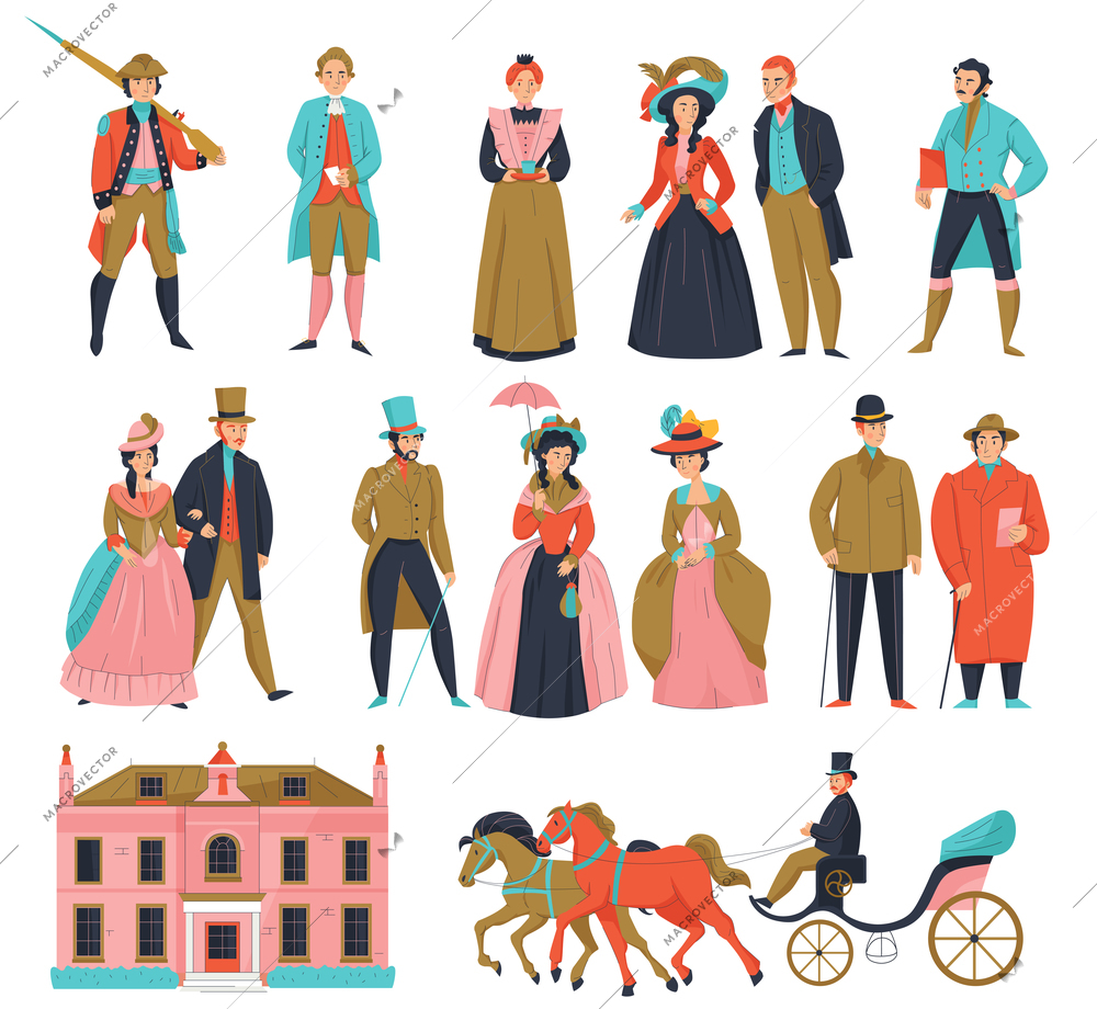 18th 19th century old town fashion carriage set with isolated icons and human characters of aristocrats vector illustration
