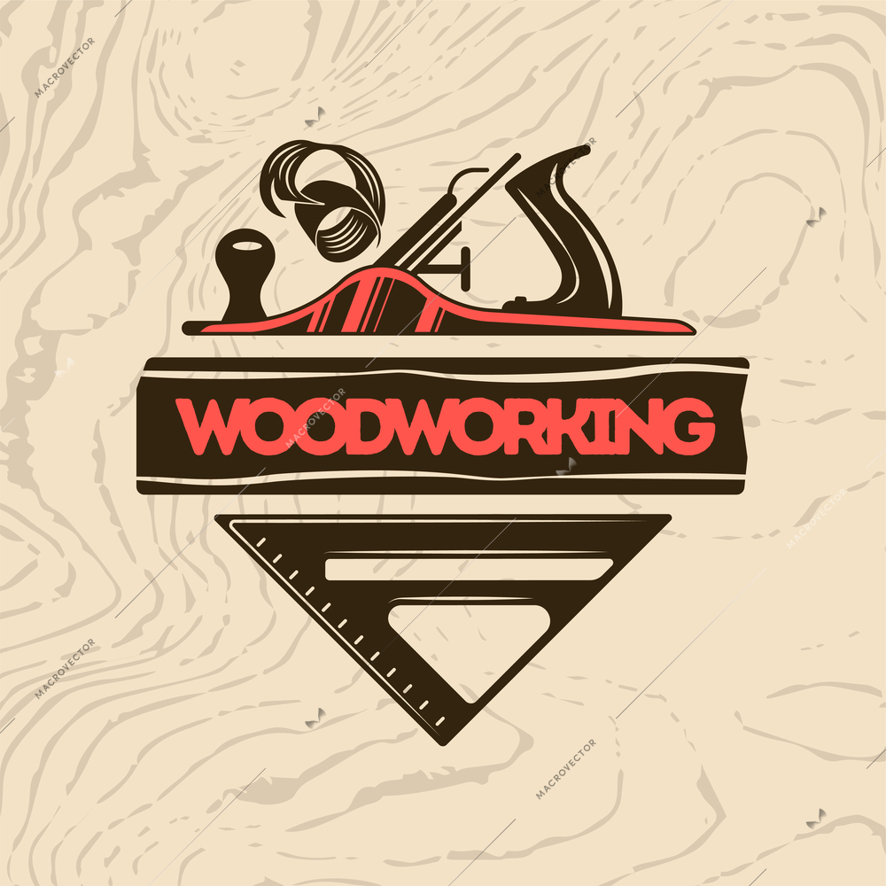 Woodworking emblem with carpentry tool and  measuring triangle on wood texture background flat vector illustration