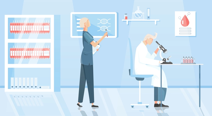 Blood bank background with donation and analysis symbols flat vector illustration