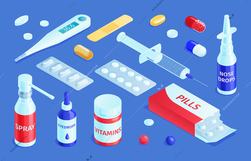 Isometric medicine pharmacy set with isolated images of medical products pharmaceutical drugs and pills with drops vector illustration