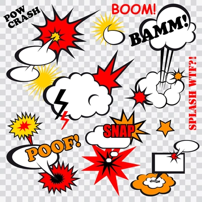 Boom comic bubbles snap humor fun template design for superhero book vector illustration