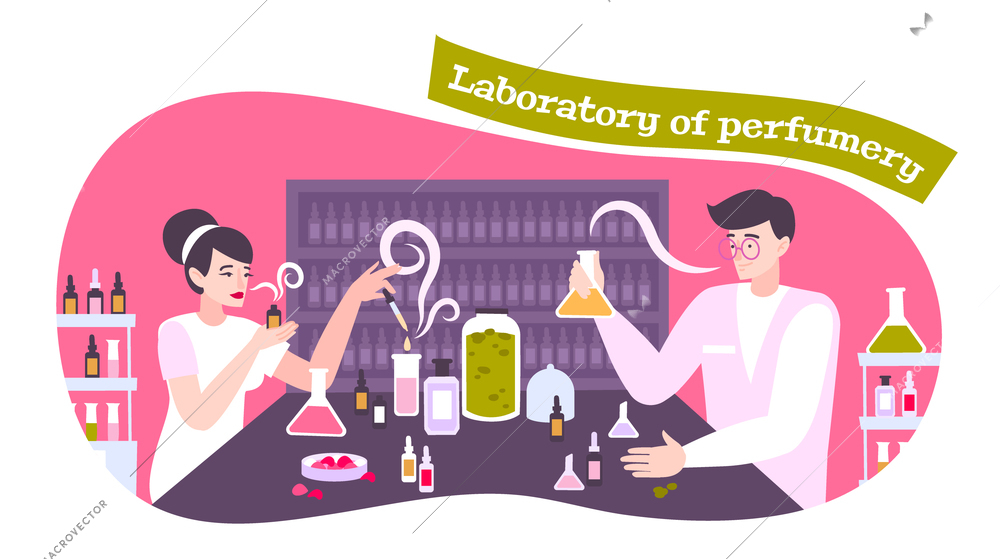 Perfume icons concept with laboratory of perfumery symbols flat vector illustration