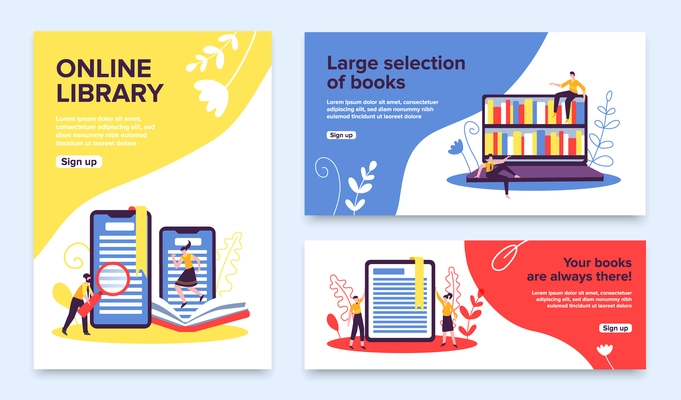 Online library banners set with sign up buttons editable text and images of bookshelves and gadgets vector illustration