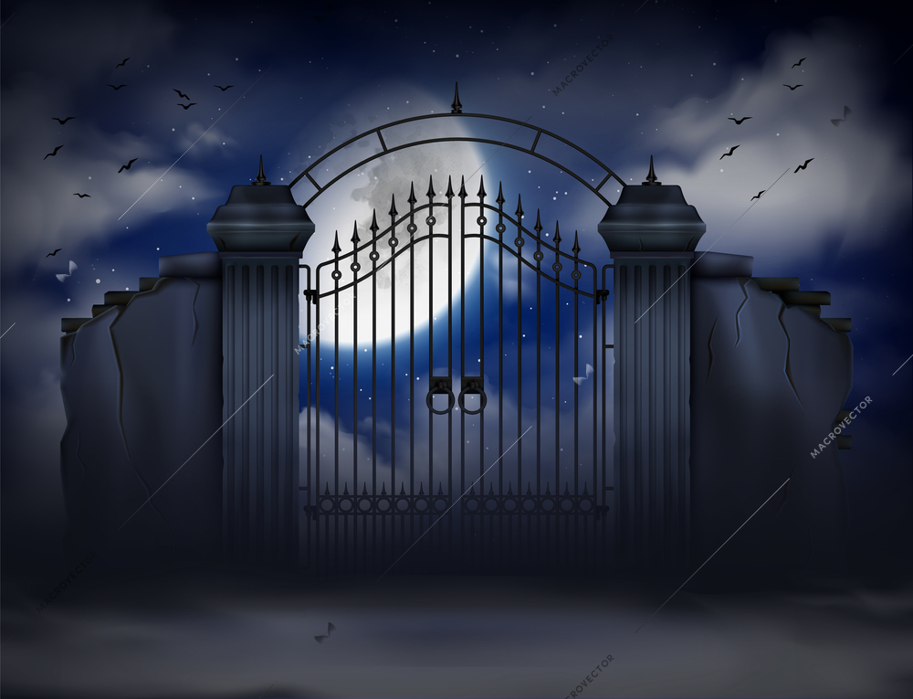 Realistic old cemetery gate in moon light on background with night sky and flying bats vector illustration