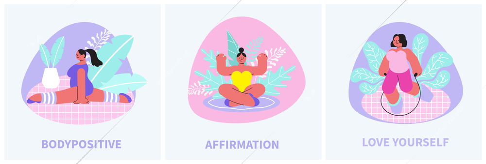 Body positive collection of three square compositions with doodle characters of cheerful women and editable text vector illustration