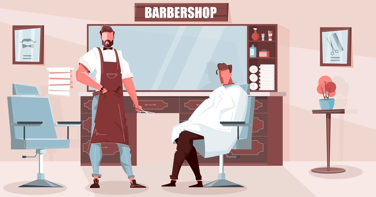 Barbershop specialist background with haircut and cosmetics symbols flat vector illustration