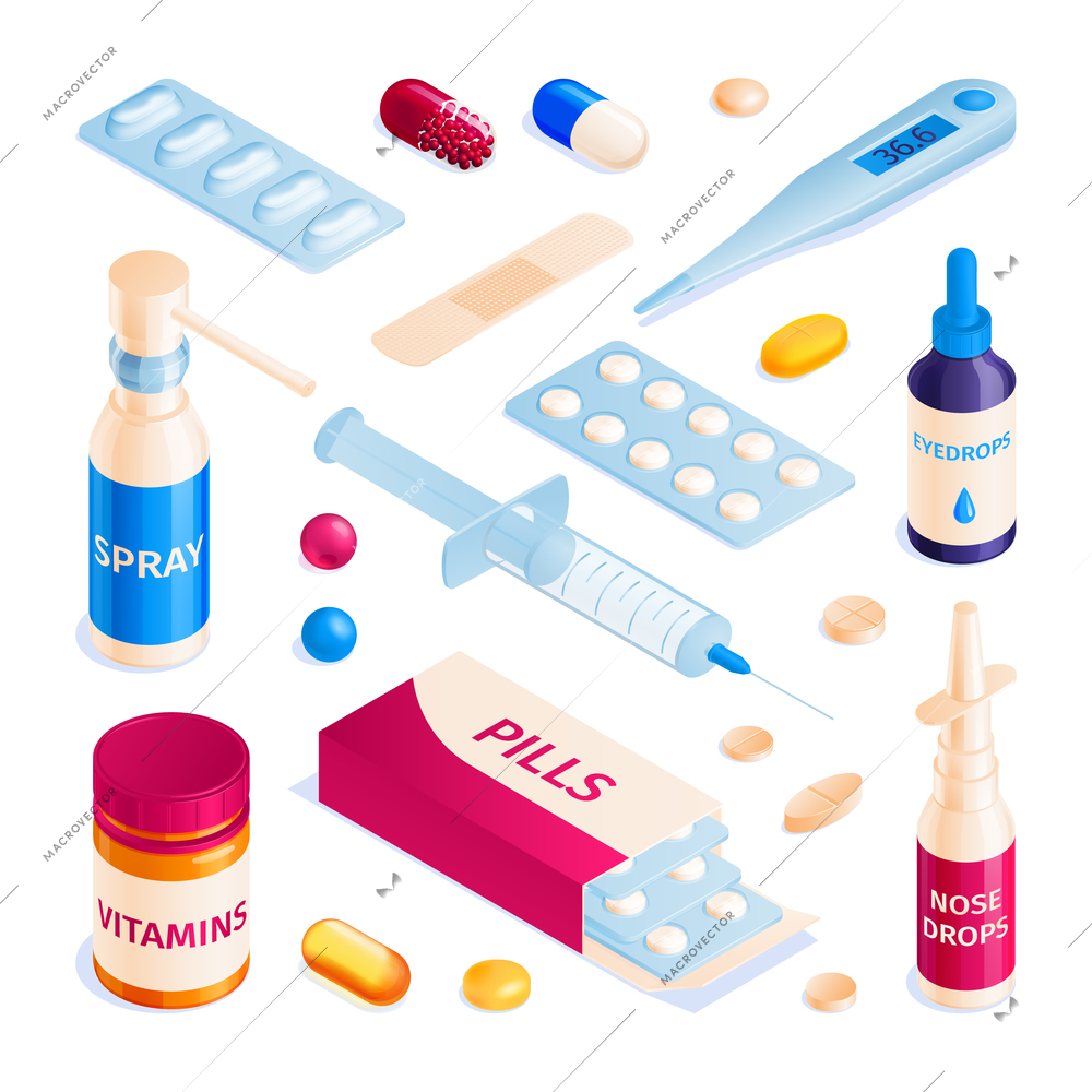 Isometric medicine pharmacy pills capsules blisters glass bottles and drops set of isolated medical products images vector illustration