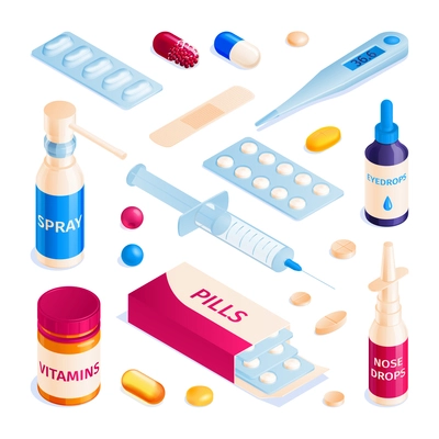 Isometric medicine pharmacy pills capsules blisters glass bottles and drops set of isolated medical products images vector illustration