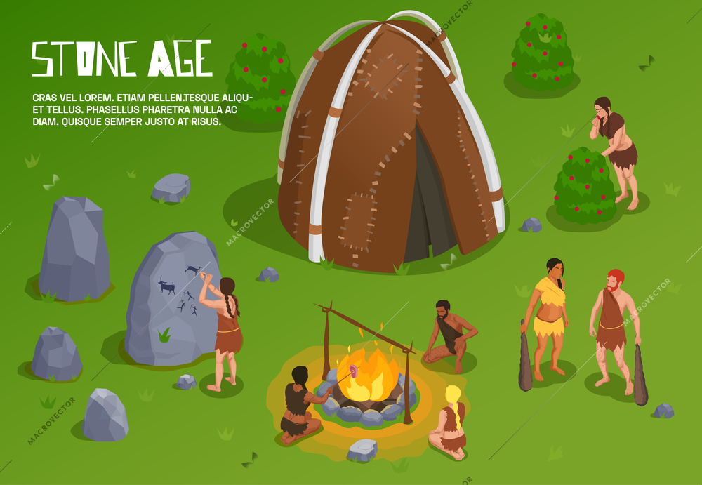 Caveman prehistoric primitive people background with editable text and outdoor stone age scenery with ancient tribe vector illustration