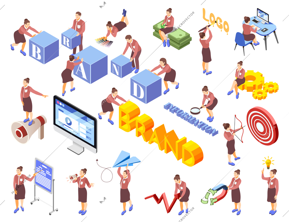 Brand building isometric icon set abstract situation with stuff and word brand searching information and create new things vector illustration