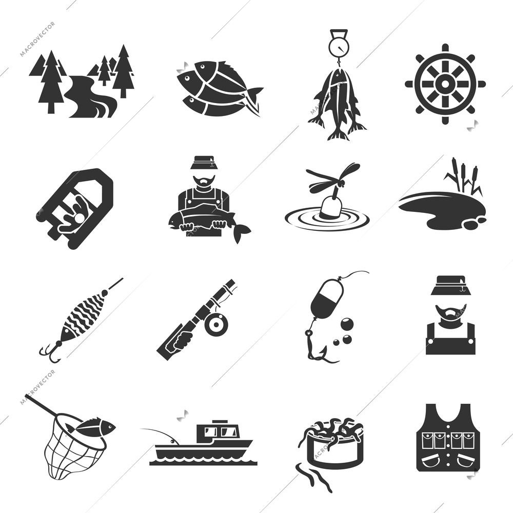 Set of fish fisher hobby leisure icons in black gray color isolated on white vector illustration