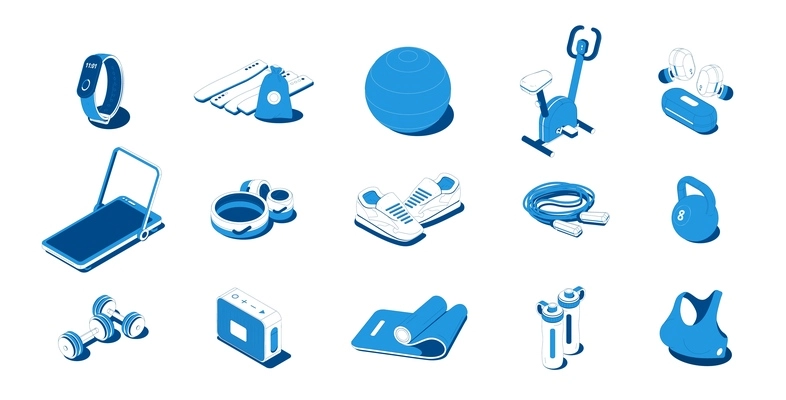 Home sport workout equipment sportswear gadgets blue isometric icons set with barbells sneakers exercise bike vector illustration