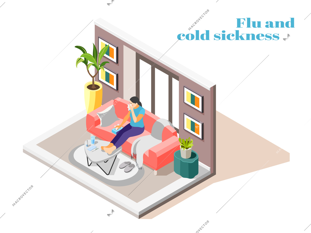 Sick woman with flu cold runny nose sitting on sofa at home with handkerchief isometric vector illustration