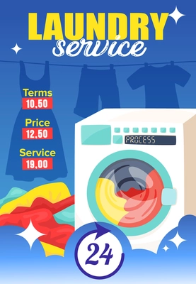 Laundry poster with 24 hour service text and editable price tags washing machine with various clothes vector illustration