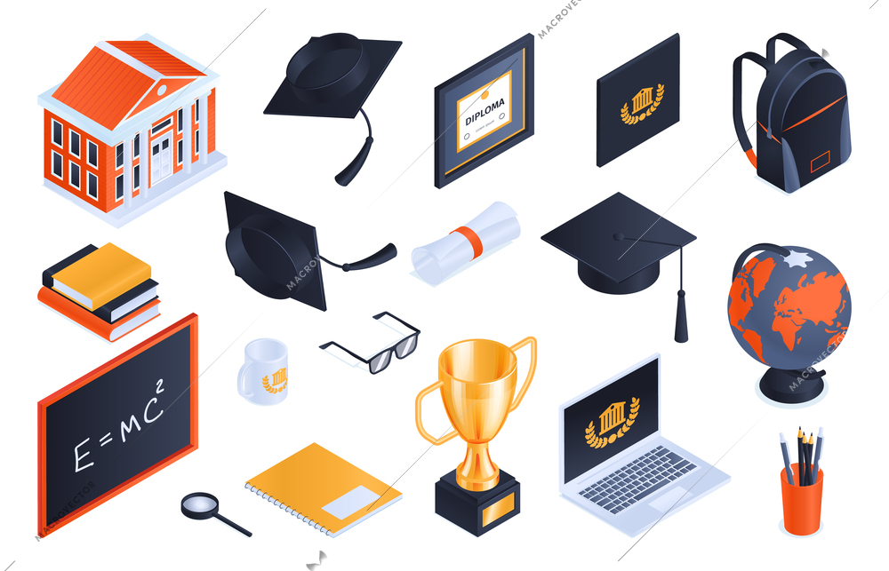 Isometric graduation diploma horizontal set with isolated elements of workspace books trophies and frames with degree vector illustration