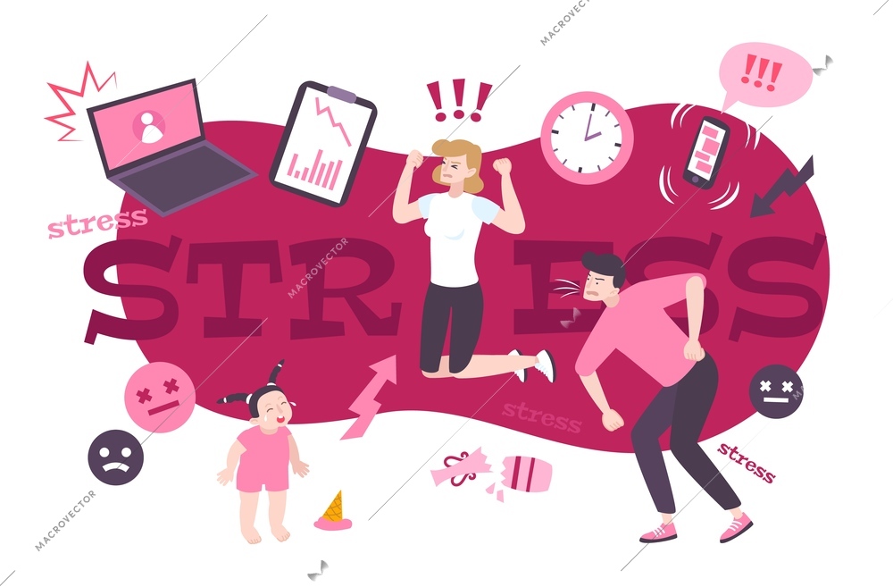 Stress abstract flat composition with text surrounded by people angry emoticons and ringing phones down arrows vector illustration