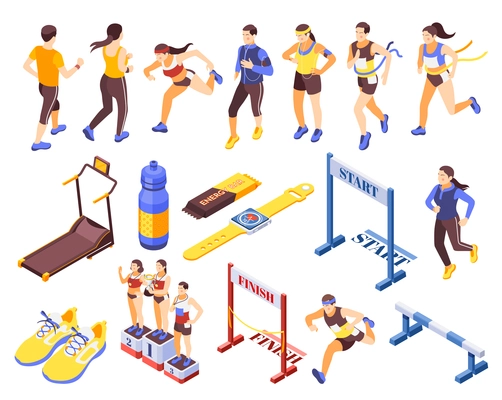 Jogging running people fitness accessories isometric icons set with start finish sneakers podium treadmill hurdle vector illustration