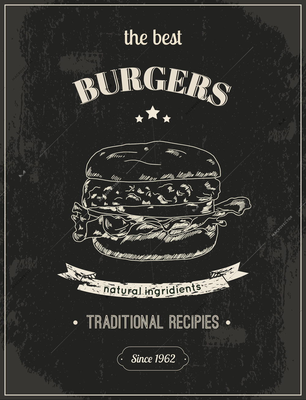 Hamburger vintage retro sketch style poster on chalkboard for restaurant vector illustration