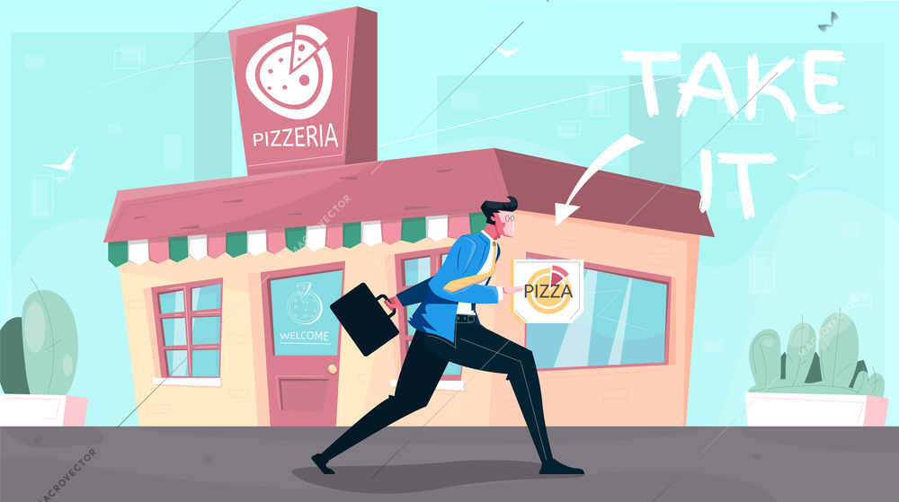 Pizza shop flat composition with outdoor landscape and restaurant building with human character and editable text vector illustration