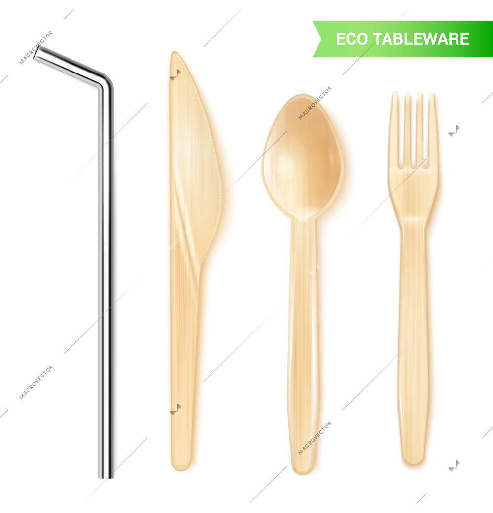 Realistic set of eco friendly disposable tableware with metal straw wooden spoon knife and fork isolated vector illustration