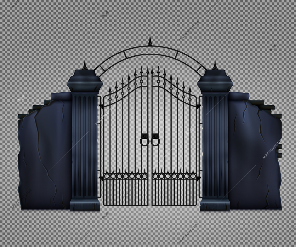 Old dark gothic cemetery gate on transparent background realistic vector illustration