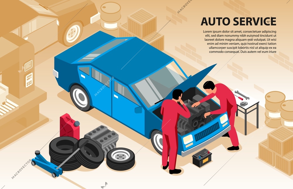 Isometric auto repair horizontal background with text and indoor garage composition with two workers repairing car vector illustration