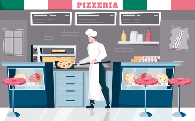 Pizzeria flat composition with indoor view of restaurant kitchen and doodle character of cook with menu vector illustration