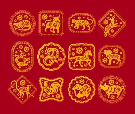 Chinese new year red background with twenty cards of gold zodiac animals vector illustration