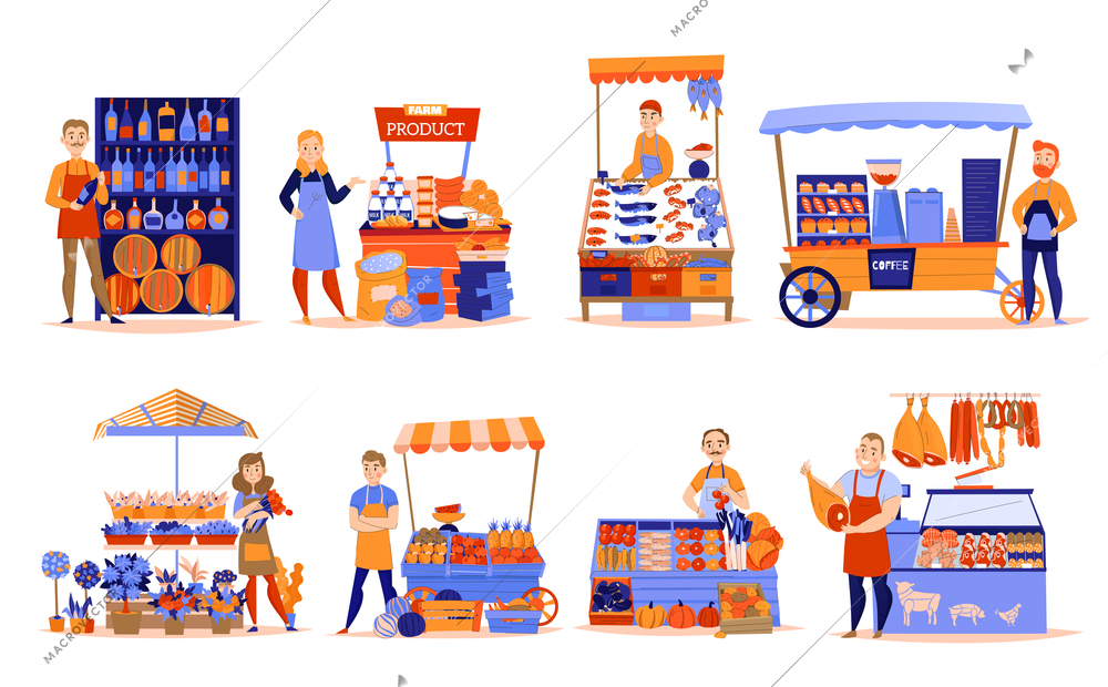 Sellers set with eight isolated compositions of market stalls and human characters with products and goods vector illustration