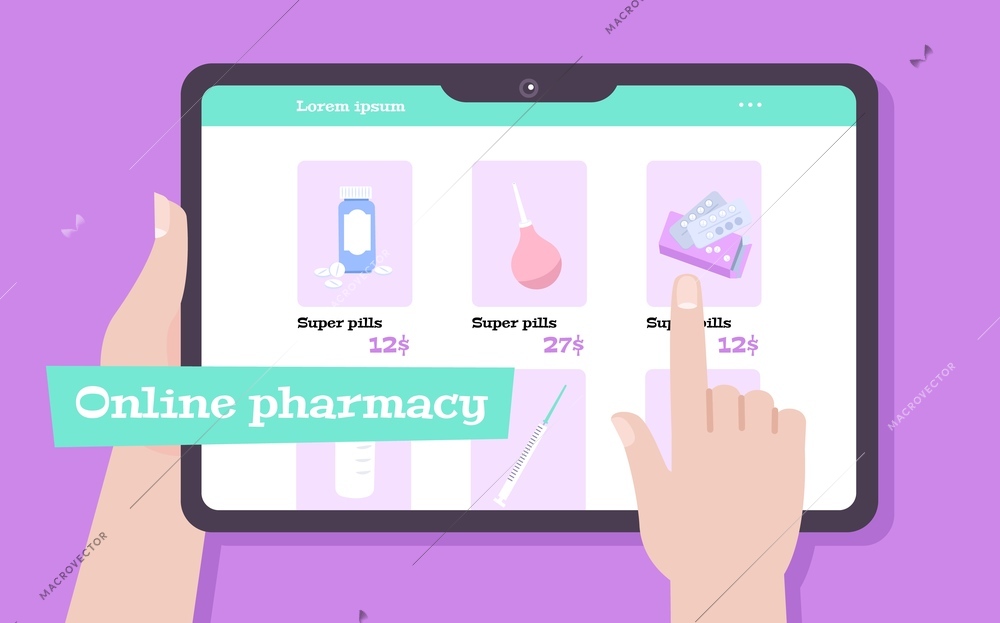 Online pharmacy composition with flat images of human hand holding tablet buying pills with editable text vector illustration