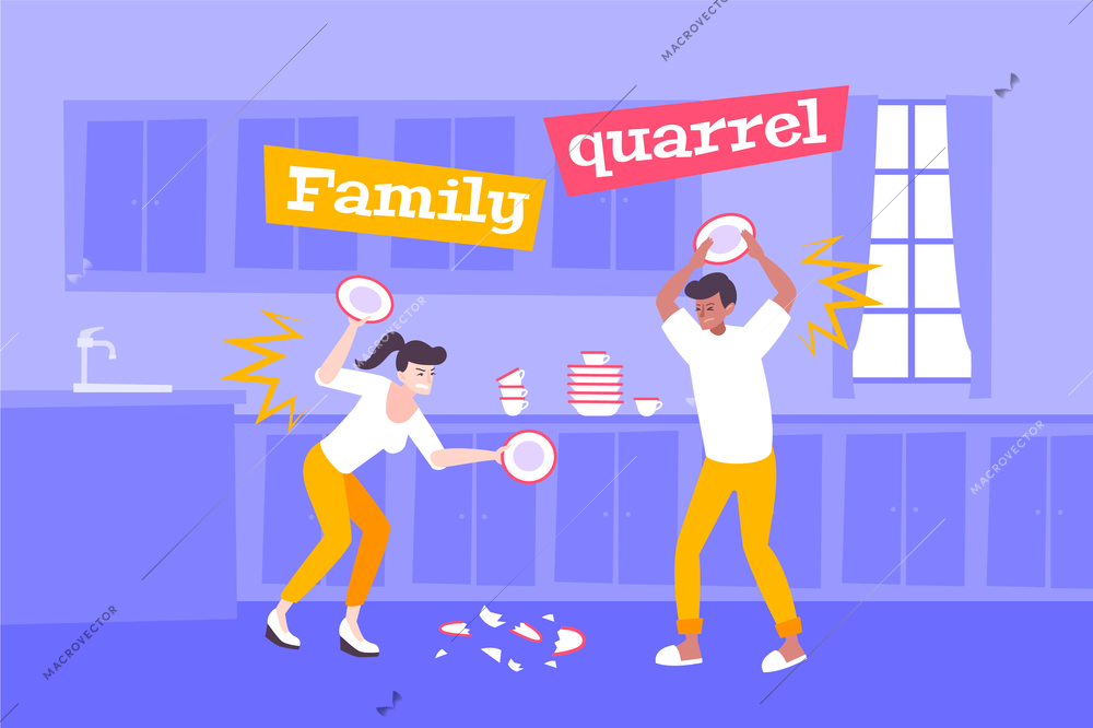 Break dishes quarrel flat composition of private home scenery with married couple  shouting smashing dishes with text vector illustration