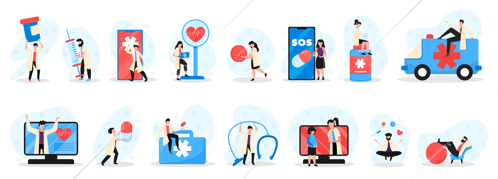 Online doctor medicine set of isolated compositions with medical appliance icons human characters and computer electronics vector illustration