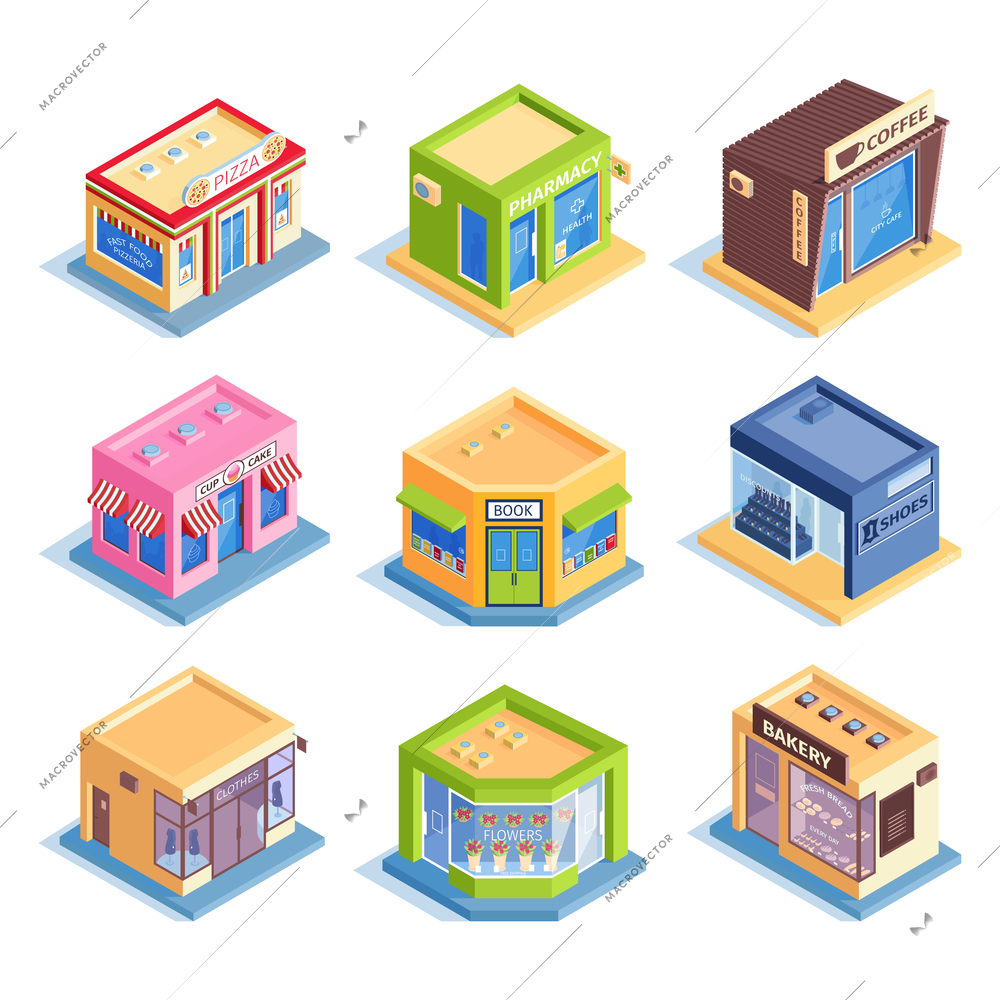 Isometric set of colorful icons with various shops and cafes exterior isolated on white background 3d vector illustration