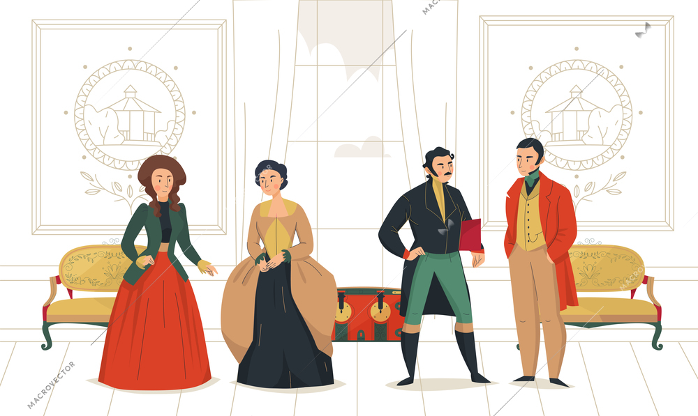 18th 19th century victorian people fashion composition with indoor scenery of aristocratic saloon with medieval people vector illustration