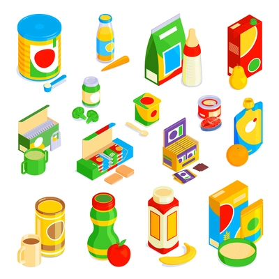 Colorful set of icons with baby food and drinks 3d isometric isolated vector illustration