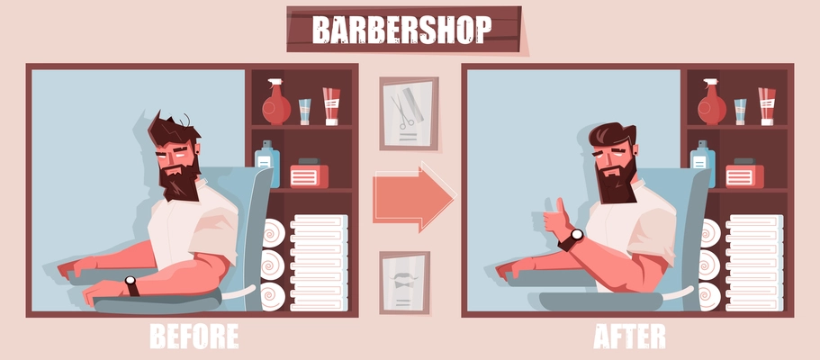 Barbershop poster with before and after outlook symbols flat vector illustration