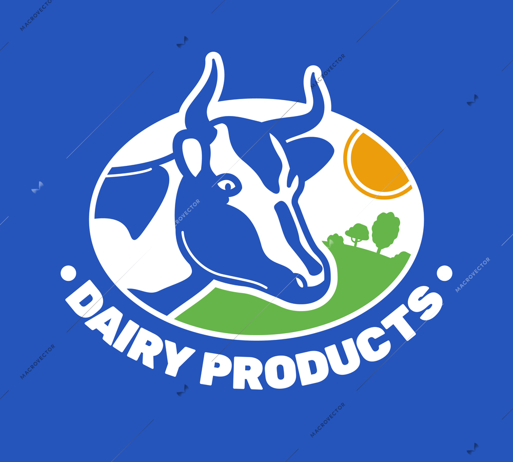 Daily products logo on blue background with cute horned cow on green lawn flat vector illustration